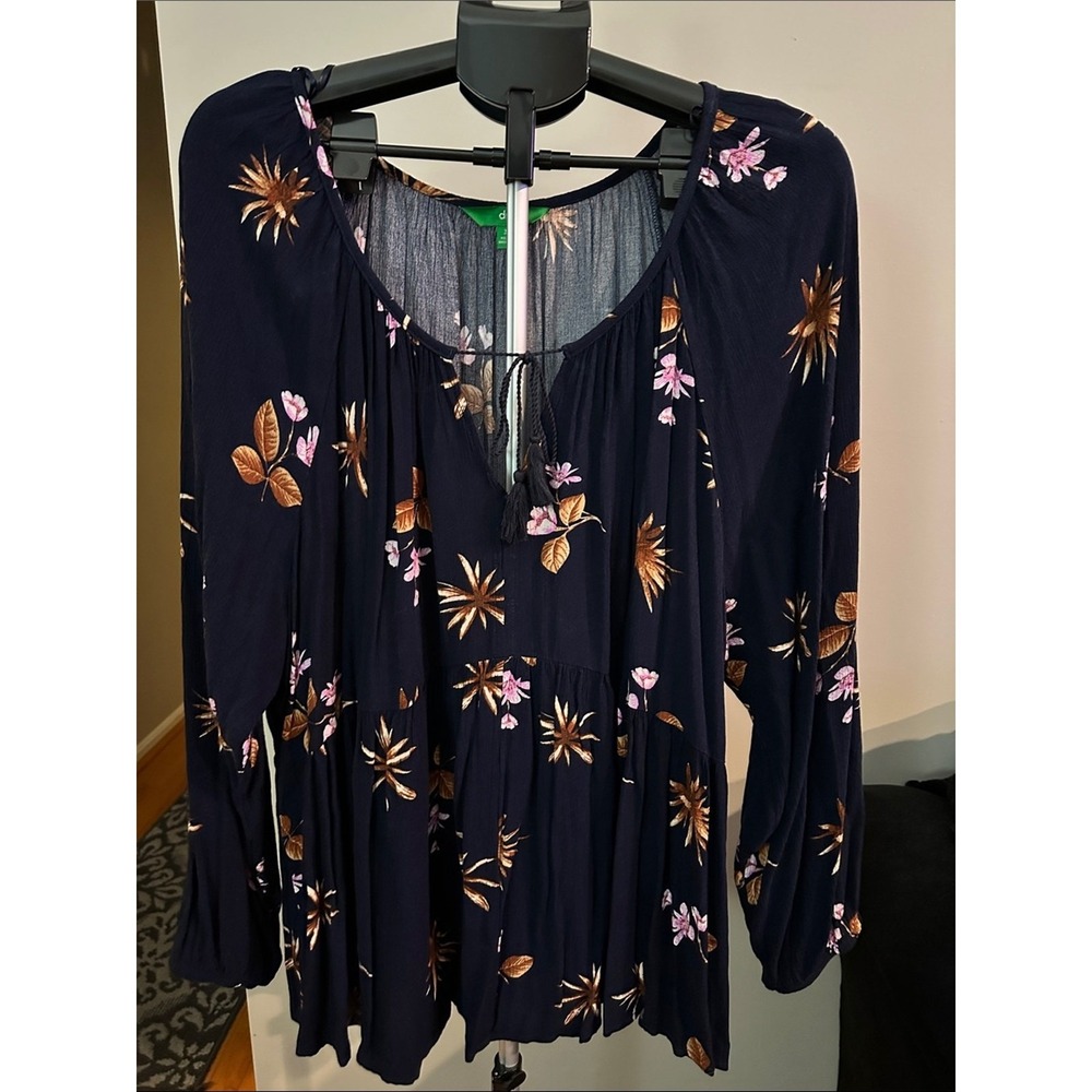 Dip Peasant Top‎ Womens 3X Navy Blue Floral Tassel Tie Boho Granolagirl NWOT